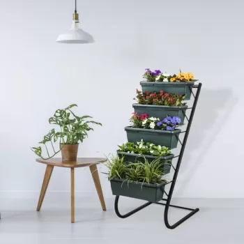 Suport pentru ghivece Bueno, 56x85x130 cm, cu 5 ghivece incluse, metal, verde inchid/negru imagine