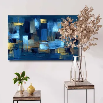 Tablou decorativ, 4570NISC-006, Lemn, Albastru / Bleumarin / Maro / Auriu imagine