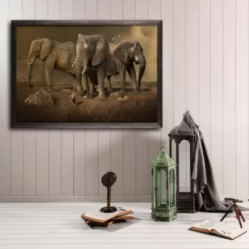 Tablou decorativ, Elephant Horde, Lemn, Lemn, Multicolor imagine