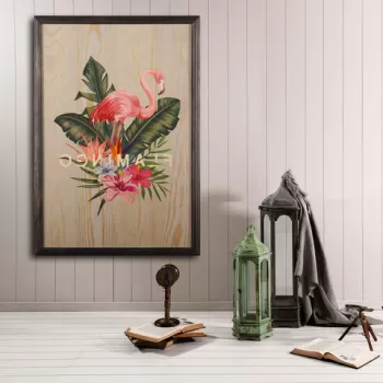 Tablou decorativ, Flamingo, Lemn, Lemn, Multicolor imagine