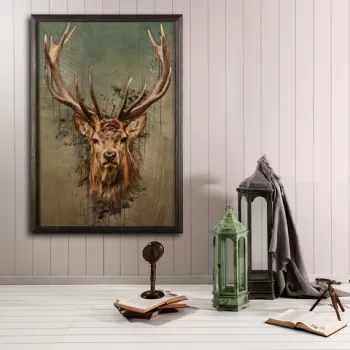 Tablou decorativ, Stag Face XL, Lemn, Lemn, Multicolor imagine