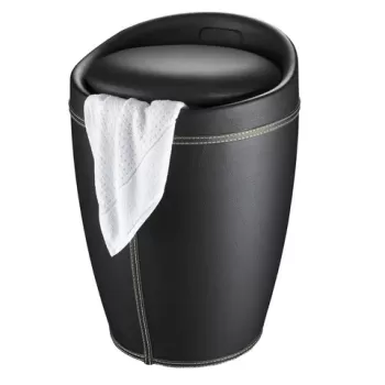 Taburet baie, Wenko, Candy Black Leather, cos de rufe inclus, 36 x 50.5 x 36 cm, plastic/poliester, negru imagine