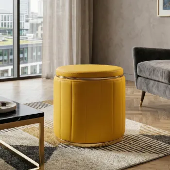 Taburet cu spatiu de depozitare, Mauro Ferretti, London, 46.5x44 cm, lemn de pin/piele ecologica, galben mustar/auriu imagine