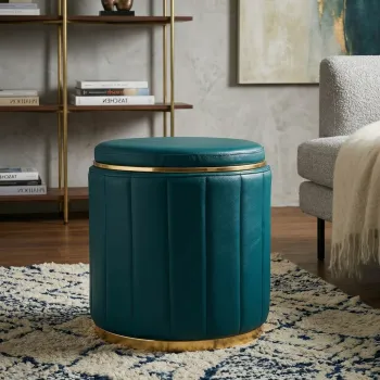 Taburet cu spatiu de depozitare, Mauro Ferretti, London, 46.5x44 cm, lemn de pin/piele ecologica, turcoaz/auriu imagine