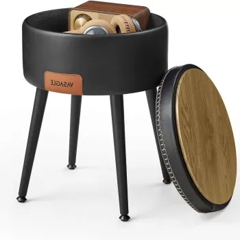 Taburet cu spatiu de depozitare si blat reversibil Ekho, Vasagle, O32 x 44 cm, max 150 kg, piele ecologica/otel, negru imagine