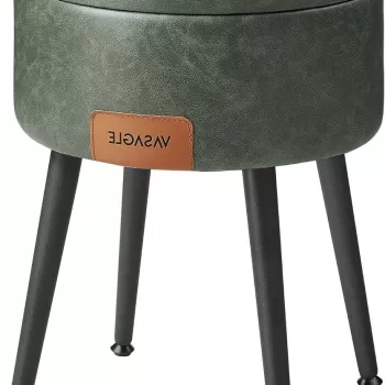 Taburet cu spatiu de depozitare si blat reversibil Ekho, Vasagle, O32 x 44 cm, max 150 kg, piele ecologica/otel, verde padure imagine