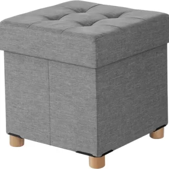 Taburet cu spatiu pentru depozitare Chesterfield, Vasagle, 38 x 38 x 40 cm, tesatura aspect in/MDF, picioare din lemn, gri deschis imagine