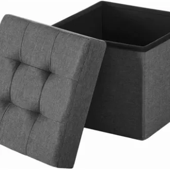 Taburet cu spatiu pentru depozitare Vasagle, 38 x 38 x 38 cm, tesatura aspect in/MDF, gri inchis imagine