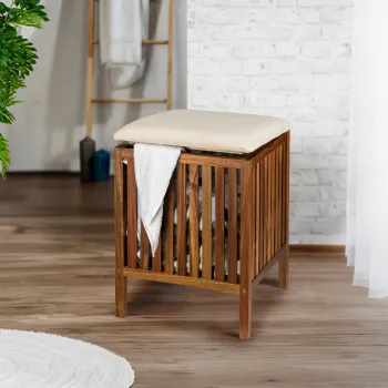 Taburet pentru baie Fondi, Wenko, 39x39x52 cm, lemn acacia/bumbac, maro/bej imagine