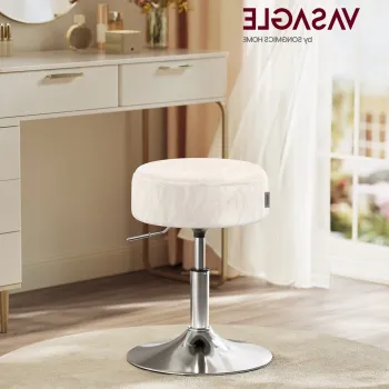 Taburet reglabil pentru masa de machiaj, Vasagle, rotativ, 38.5x45.5-57.5 cm, piele ecologica/otel, crem imagine