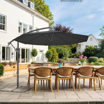 Umbrela pentru gradina cu picior lateral si iluminare LED solara, Songmics, 300 cm, protectie UV 50+, gri imagine