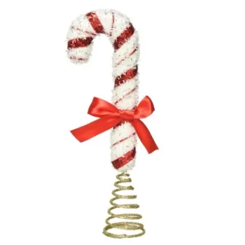 Varf decorativ pentru brad Candy cane w bow, Decoris, 4.5x7.5x25 cm, spuma, rosu/alb/auriu imagine