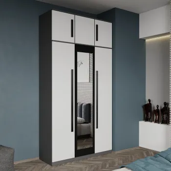 Dulap dormitor 3 usi Gri cu Alb+oglinda 124 x 240,3 cm - Dallas imagine