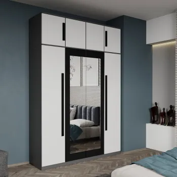 Dulap dormitor 4 usi Gri cu Alb+oglinda 164,4 x 240,3 cm - Dallas imagine