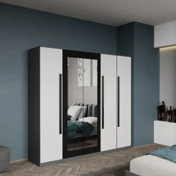Dulap dormitor 5 usi Gri cu Alb+oglinda 205,4 x 192,5 cm - Dallas imagine