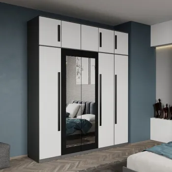 Dulap dormitor 5 usi Gri cu Alb+oglinda 205,4 x 240,3 cm - Dallas imagine