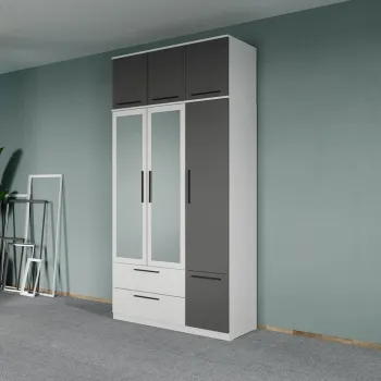 Dulap dormitor Alb-Gri 3U cu oglinda+suprapozabil - Madrid imagine