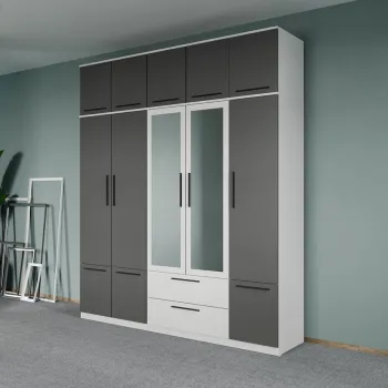 Dulap dormitor Alb-Gri 5U cu oglinda+suprapozabil - Madrid imagine