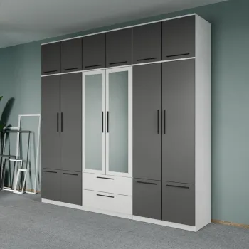 Dulap dormitor Alb-Gri 6U cu oglinda+suprapozabil - Madrid imagine