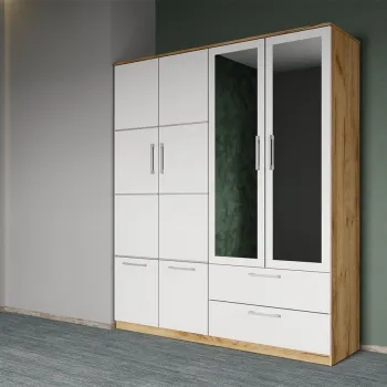 Dulap dormitor Alb-Stejar 4U cu oglinda - Acapulco imagine