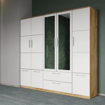 Dulap dormitor Alb-Stejar Auriu 5U cu oglinda - Acapulco imagine