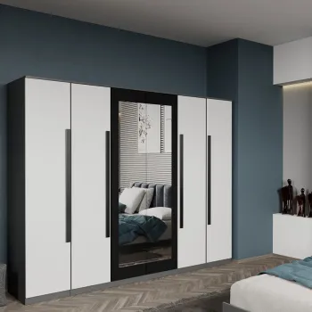 Dulap dormitor cu 6 usi Alb cu Gri+oglinda 246,4 x 192,5 cm - Dallas imagine