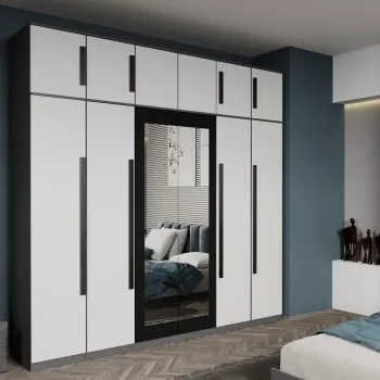 Dulap dormitor cu 6 usi Alb cu Gri+oglinda 246,4 x 240,3 cm - Dallas imagine