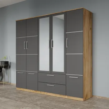 Dulap dormitor Gri-Stejar Auriu 5U cu oglinda - Acapulco imagine