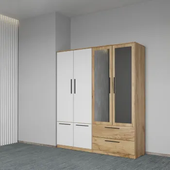 Dulap dormitor Stejar+Alb 4U cu oglinda - Madrid imagine