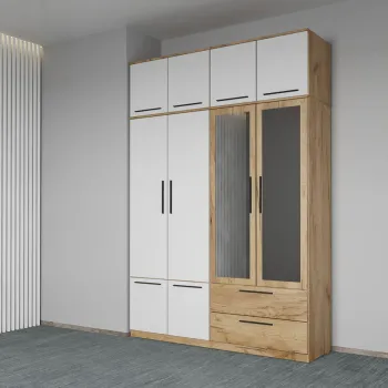 Dulap dormitor Stejar+Alb 4U cu oglinda+suprapozabil - Madrid imagine