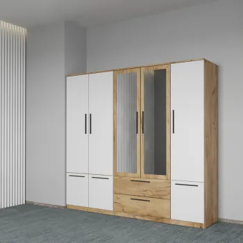 Dulap dormitor Stejar+Alb 5U cu oglinda - Madrid imagine