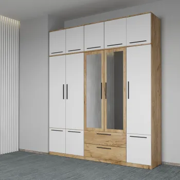 Dulap dormitor Stejar+Alb 5U cu oglinda+suprapozabil - Madrid imagine