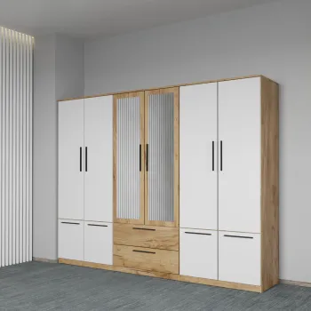 Dulap dormitor Stejar+Alb 6U cu oglinda - Madrid imagine