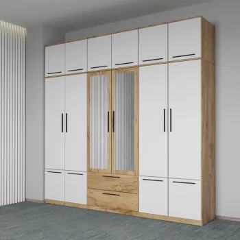 Dulap dormitor Stejar+Alb 6U cu oglinda+suprapozabil - Madrid imagine