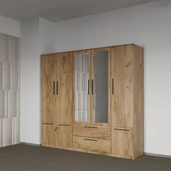 Dulap dormitor Stejar Auriu 5U cu oglinda - Madrid imagine