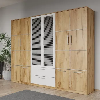 Dulap dormitor Stejar Auriu-alb 6U cu 2 oglinzi - Acapulco imagine