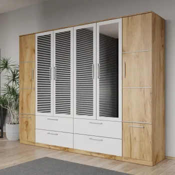 Dulap dormitor Stejar Auriu-alb 6U cu 4 oglinzi - Acapulco imagine