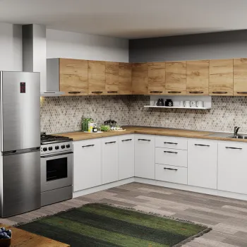 Mobila Bucatarie pe colt alba cu lemn Aroma - 35 - 260x200 cm imagine