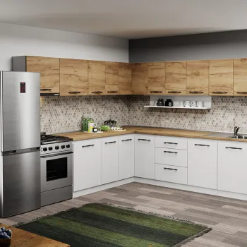 Mobila Bucatarie pe colt alba cu lemn Aroma - 36 - 260x260 cm imagine