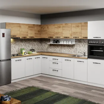 Mobila Bucatarie pe colt alba cu lemn Aroma - 37 - 320x200 cm imagine