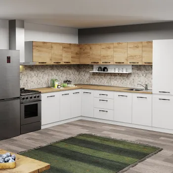 Mobila Bucatarie pe colt alba cu lemn Aroma - 38 - 320x200 cm imagine