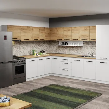 Mobila Bucatarie pe colt alba cu lemn Aroma - 39 - 320x260 cm imagine