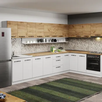 Mobila Bucatarie pe colt alba cu lemn Aroma - 40 - 200x340 cm imagine