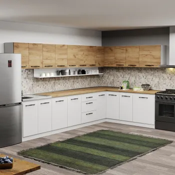 Mobila Bucatarie pe colt alba cu lemn Aroma - 41 - 200x340 cm imagine