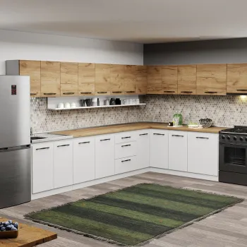 Mobila Bucatarie pe colt alba cu lemn Aroma - 42 - 260x340 cm imagine