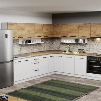 Mobila Bucatarie pe colt alba cu lemn Aroma - 43 - 260x280 cm imagine