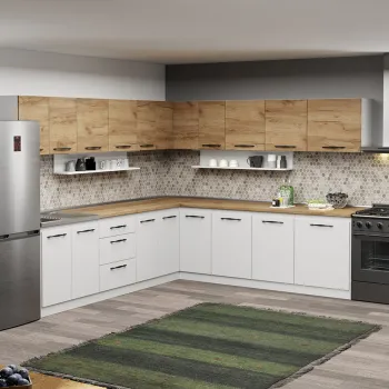 Mobila Bucatarie pe colt alba cu lemn Aroma - 44 - 260x280 cm imagine