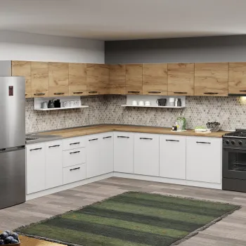 Mobila Bucatarie pe colt alba cu lemn Aroma - 45- 320x280 cm imagine