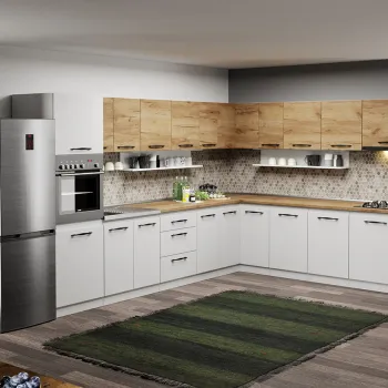 Mobila Bucatarie pe colt alba cu lemn Aroma - 46 - 260x340 cm imagine