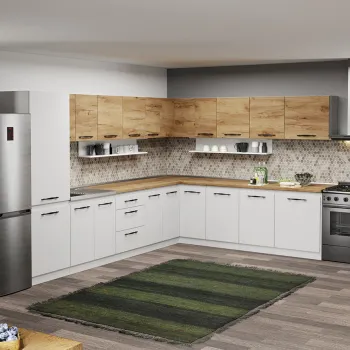 Mobila Bucatarie pe colt alba cu lemn Aroma - 47 - 260x340 cm imagine